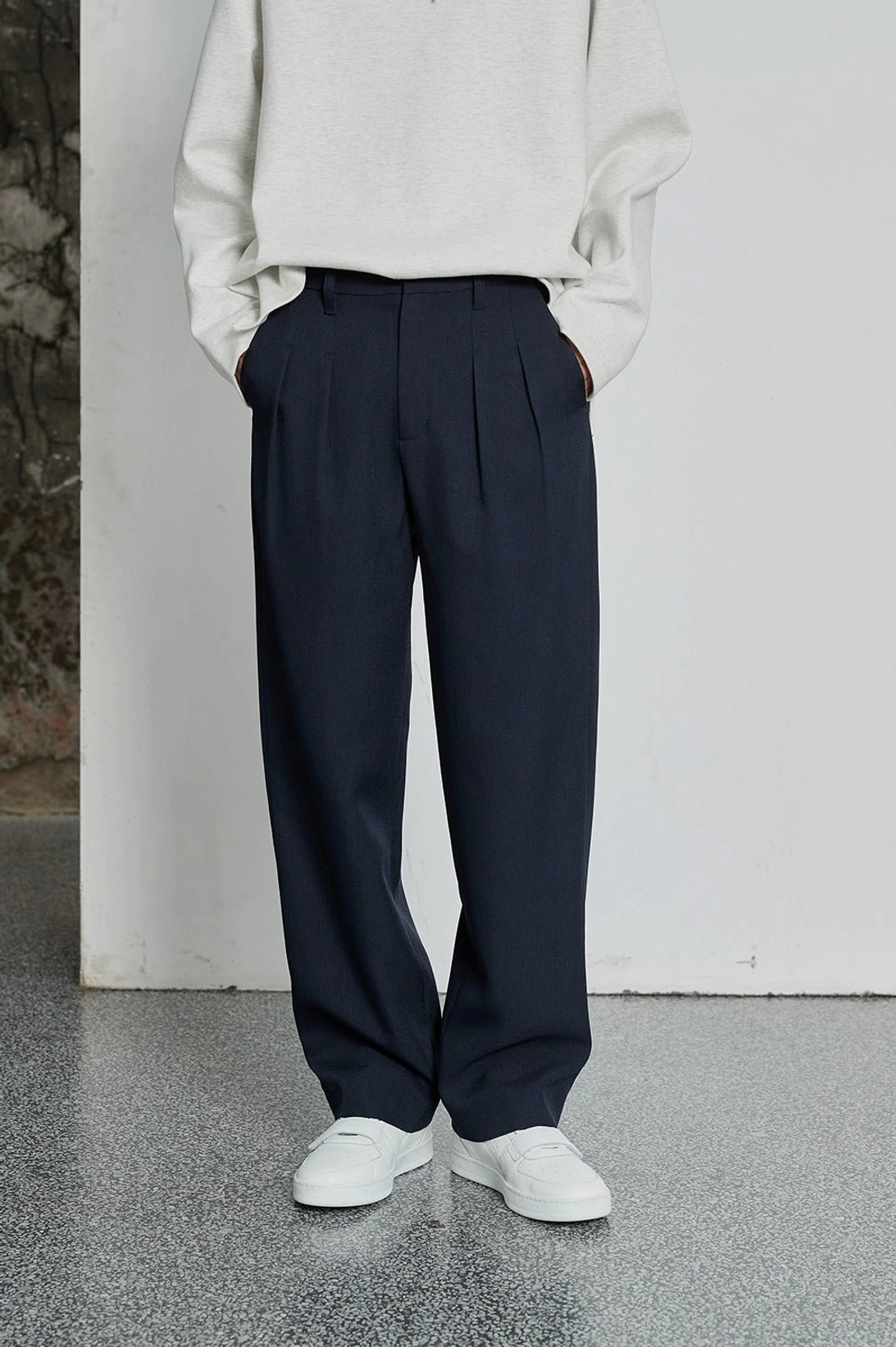 Modern Korean style double-pleated wide-leg trousers with relaxed tailored fit