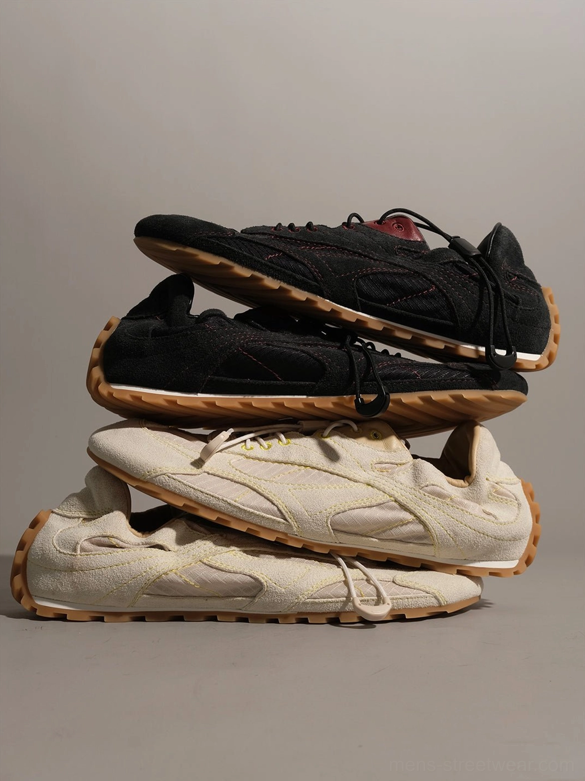 Modern Korean style low-profile trainers with tactile nubuck upper, layered panels, and flexible streetwear sole