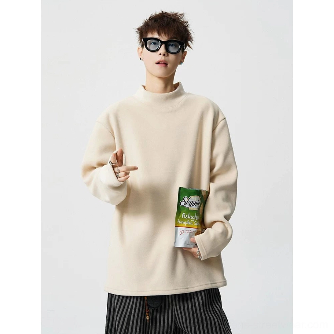 Modern mock neck fleece long sleeve top designed for Acubi fashion, Seoul streetwear, and layered outfits