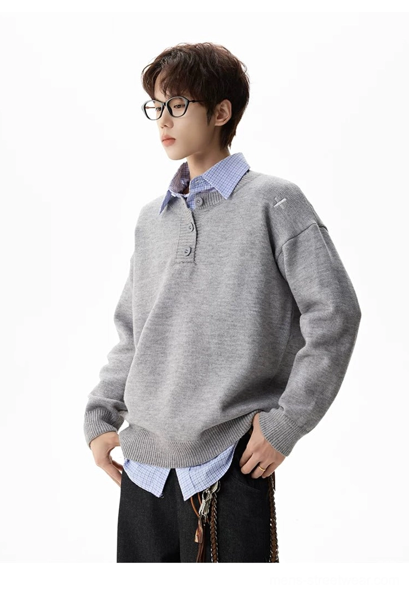 Modern black or gray oversized henley sweater designed for baggy jeans, wide-leg trousers, and everyday streetwear outfits