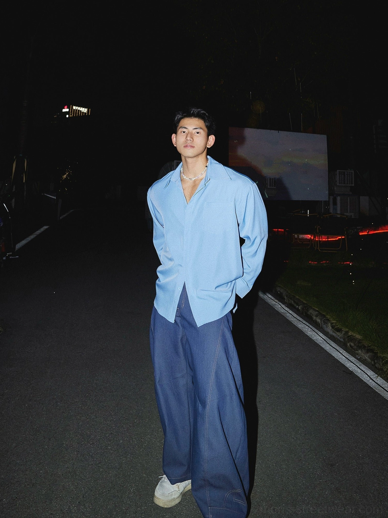 Modern oversized men's dress shirt for Korean streetwear outfits with solid color design and relaxed fit