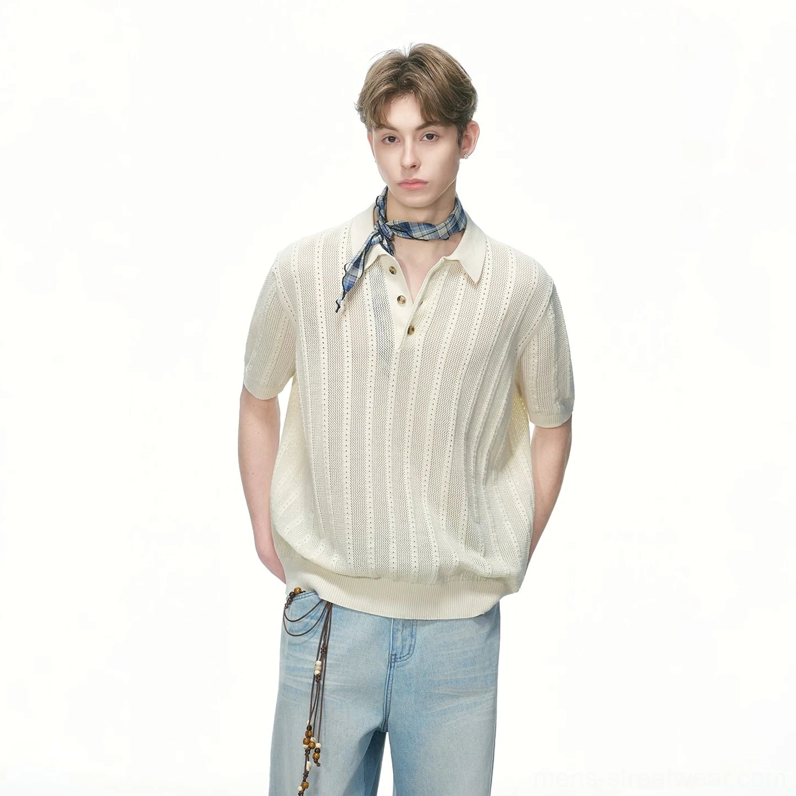 Modern pointelle knit polo shirt with understated texture for minimalist Korean casual and unisex streetwear outfits