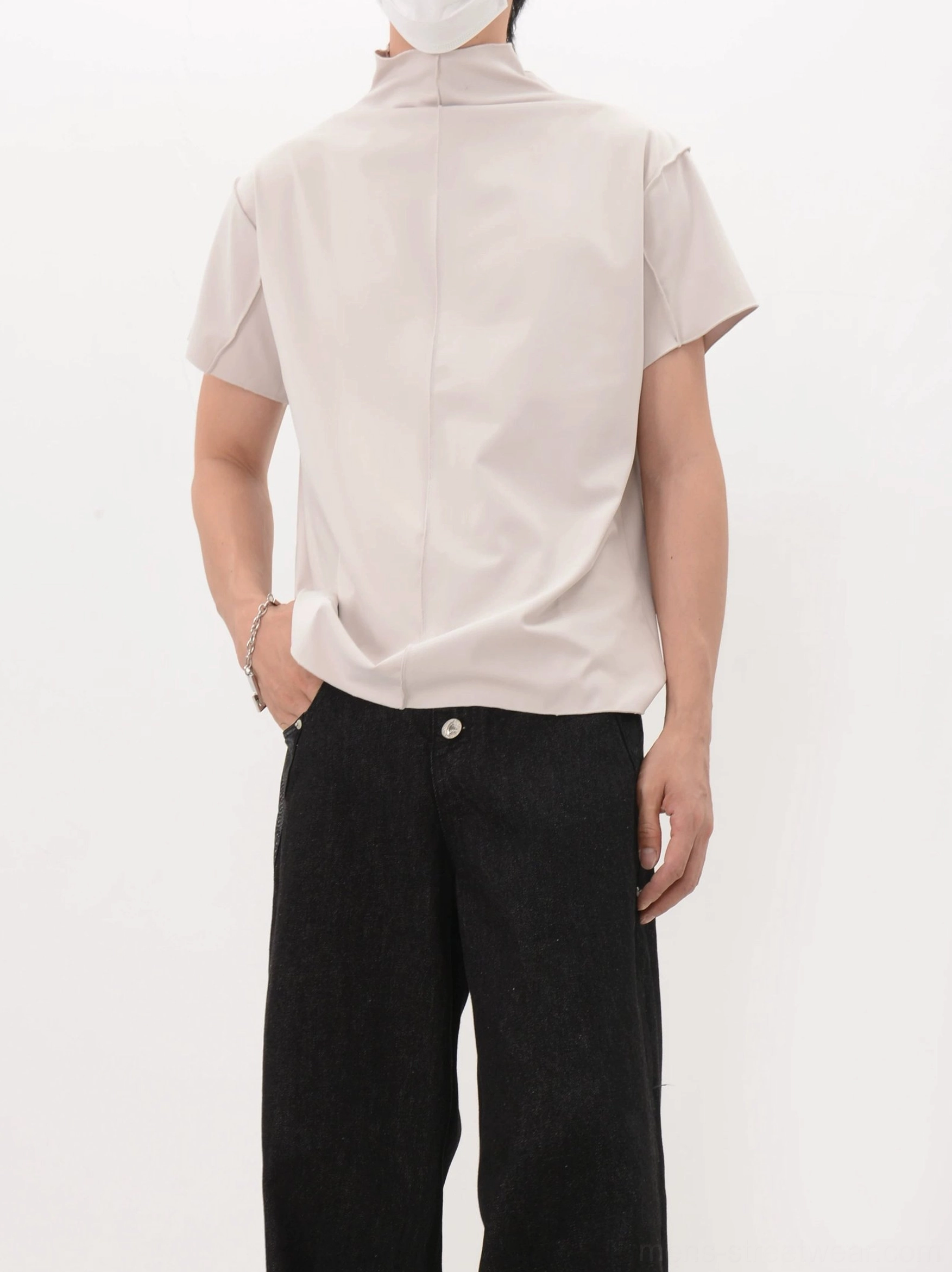Modern relaxed mock neck shirt with vertical back seam and smooth minimalist streetwear finish