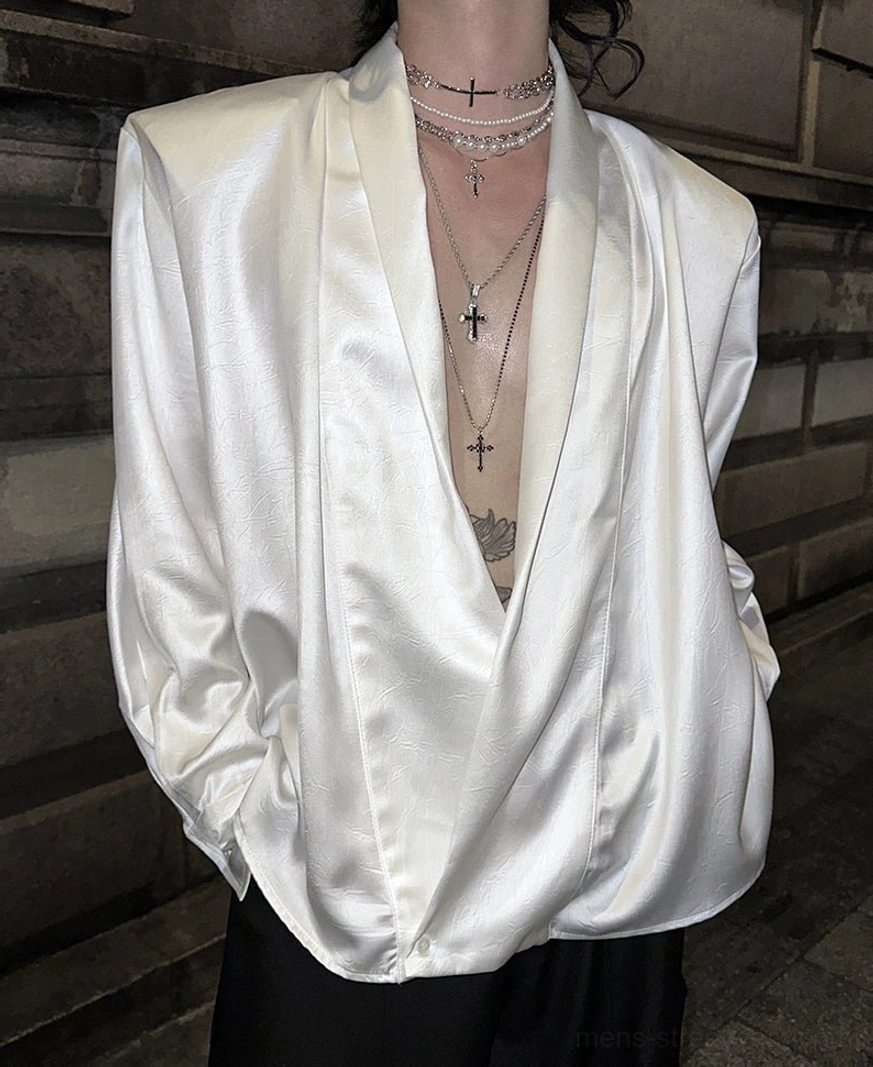 Modern satin deep V-neck streetwear shirt with fluid draping and statement neckline for men