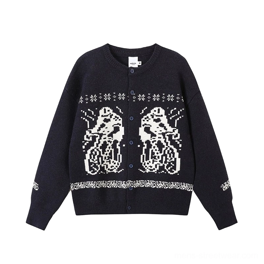 Modern Seoul fashion animal jacquard knit cardigan designed for preppy and casual streetwear outfits