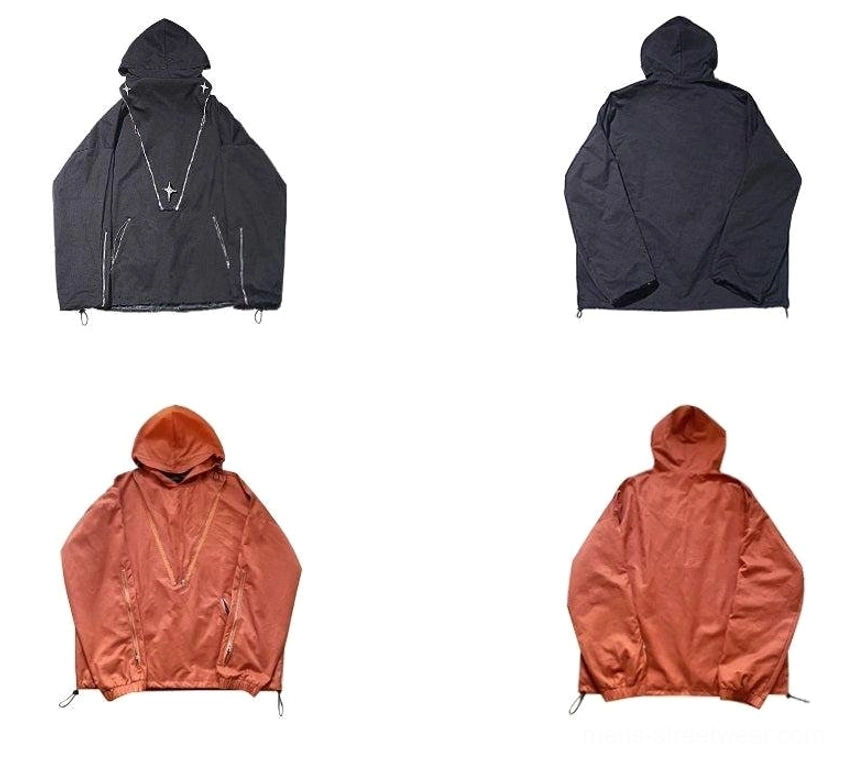 Modern streetwear tactical jacket featuring oversized proportions, zippered details, attached hood, and adaptable layered fit