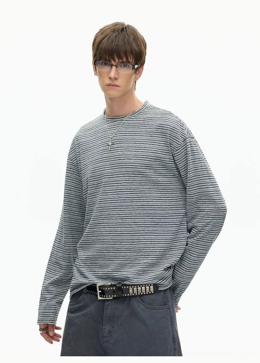 Modern striped long sleeve crew neck T-shirt with oversized drop shoulder fit and Seoul fashion aesthetic