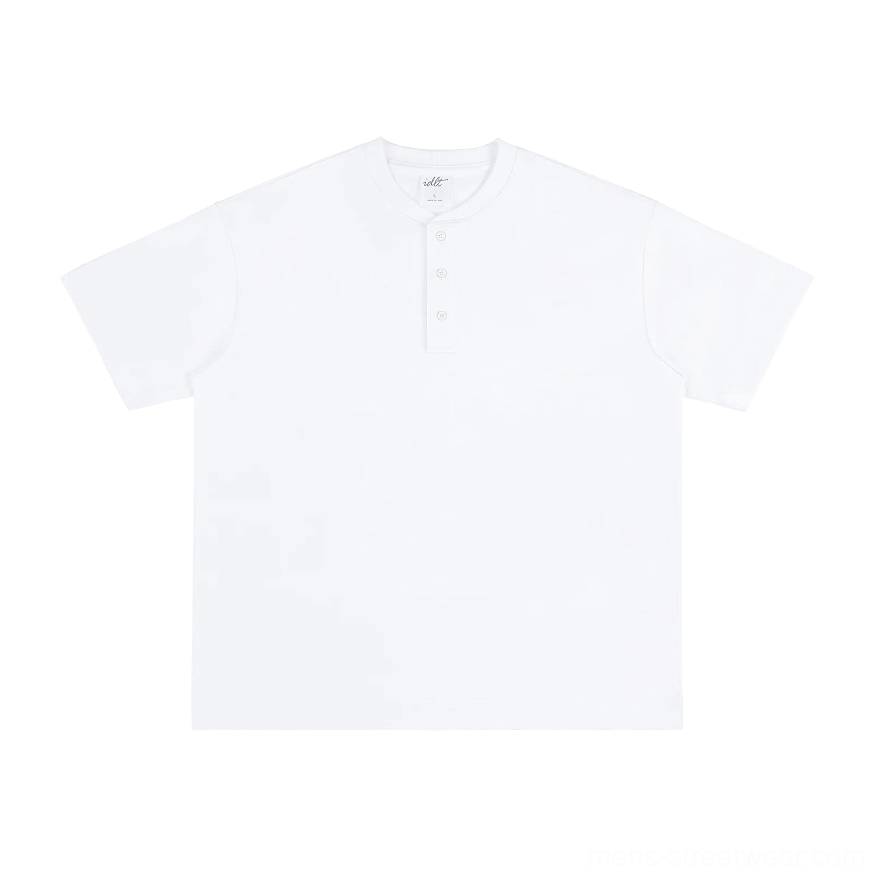 Modern three-button cotton Henley T-shirt product image with understated minimalist streetwear appeal
