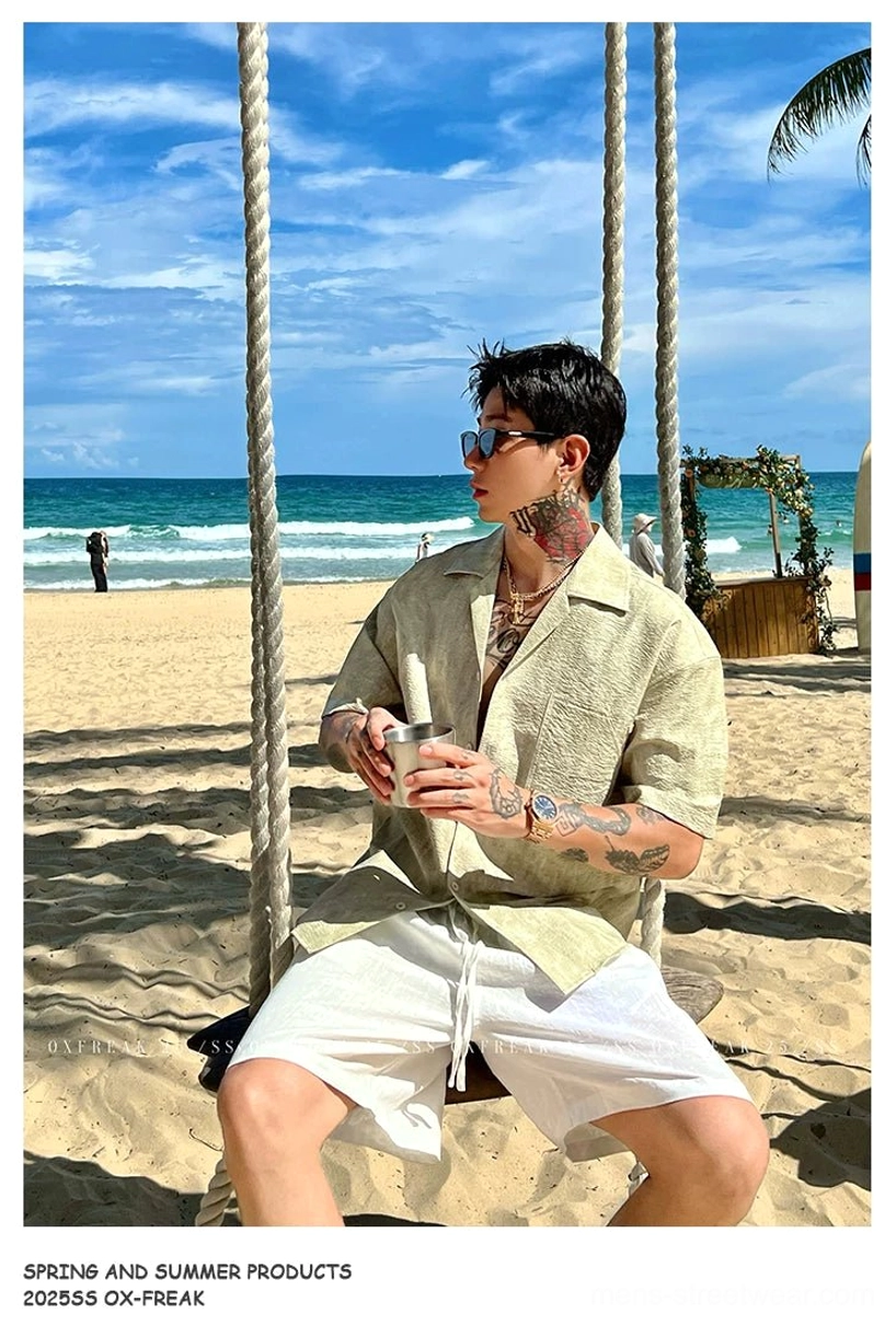 Modern washed Cuban collar short sleeve shirt product image highlighting its roomy fit and resort streetwear aesthetic