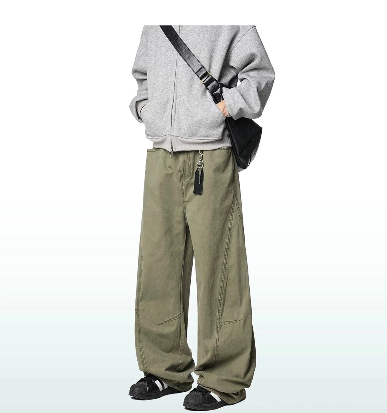 Modern wide-leg cotton cargo trousers with a loose draped silhouette, designed for Korean fashion, Seoul streetwear and everyday styling
