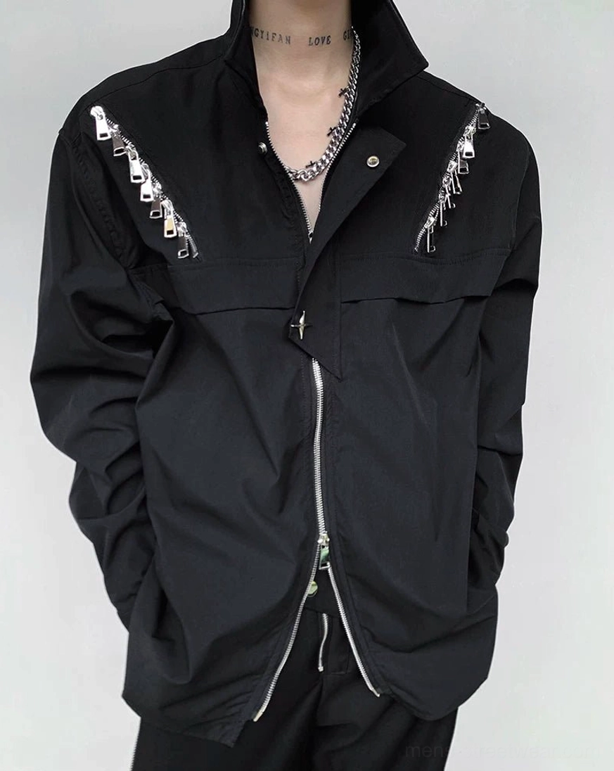 Modern zip-cascade shirt jacket with shoulder harness-inspired trims for men's Asian streetwear