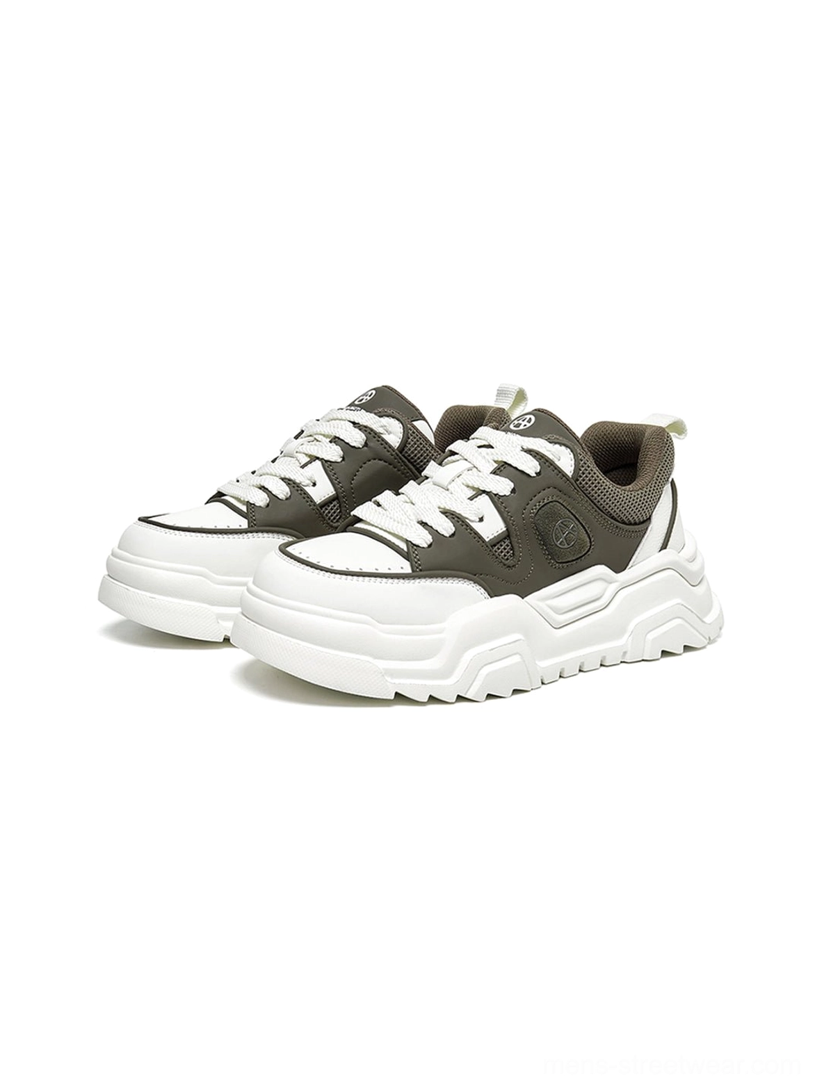 Monochromatic platform sneaker trio display all color options black white khaki comprehensive palette showcase for consumer decision