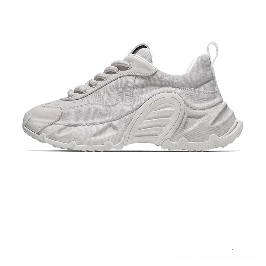 Light gray beige monogram drift chunky sneakers with textured jacquard upper tan lining and thick sculpted sole