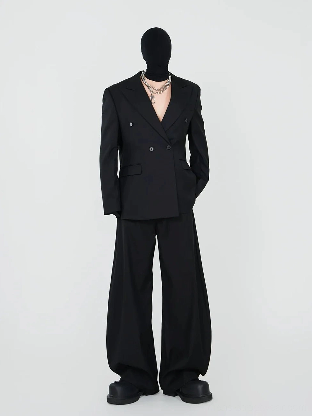 Full black Korean streetwear suit with double-breasted blazer and high-waisted wide-leg draped trousers