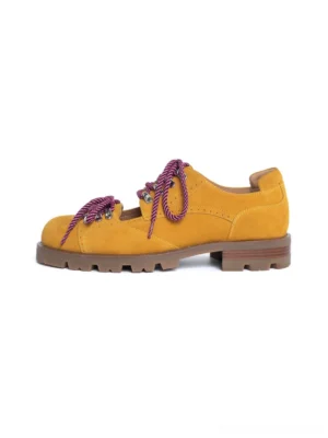 Mustard yellow cutout platform workwear derby shoes with suede-style upper, purple braided laces and thick serrated sole side view