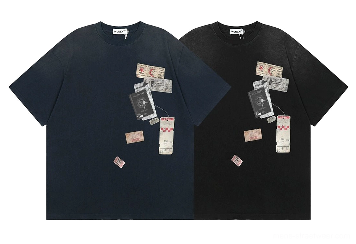 Navy blue and black passport stamp oversized graphic T-shirts displayed together with matching vintage travel prints
