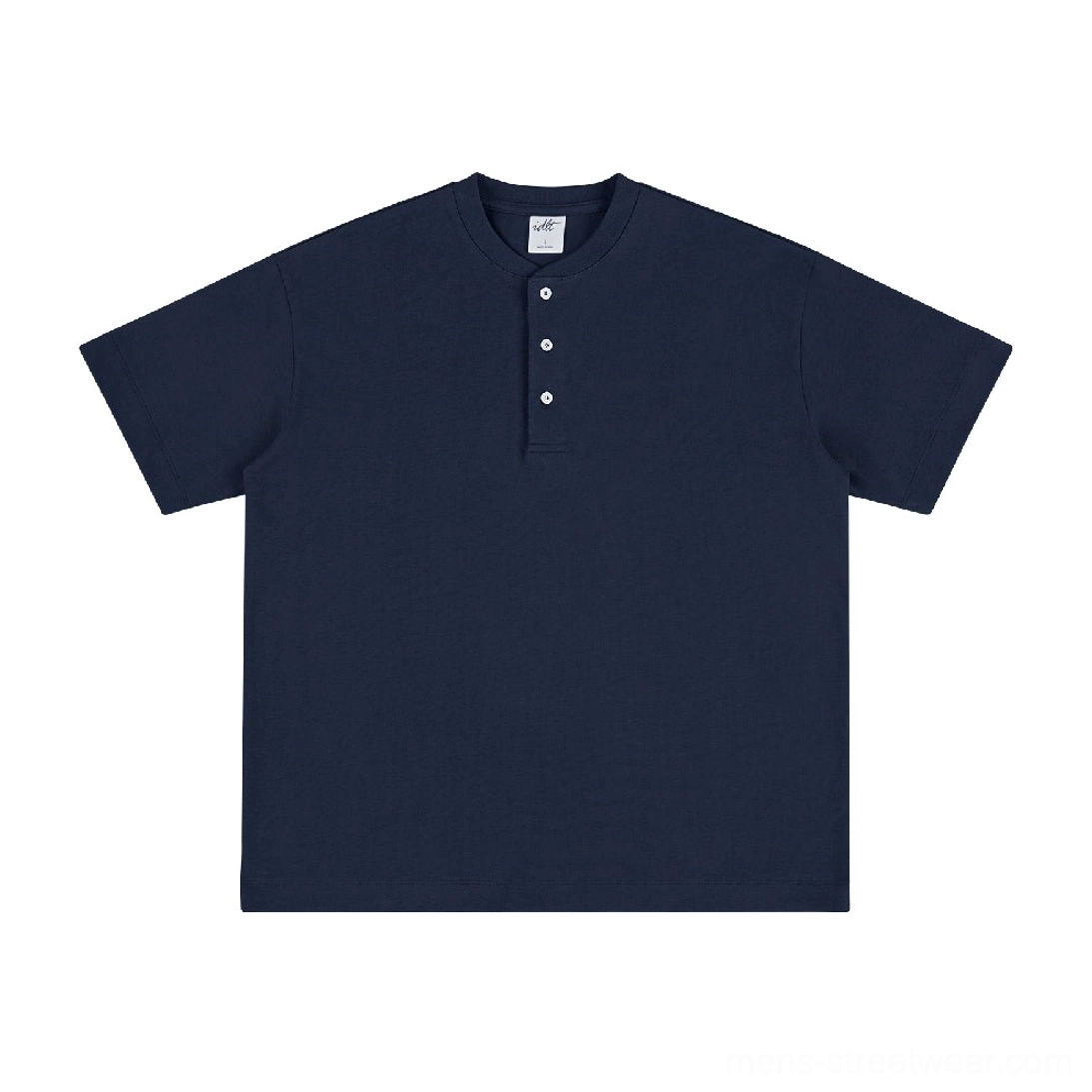 Navy blue 320G heavyweight cotton oversized Henley t-shirt with short sleeves and three-button neckline