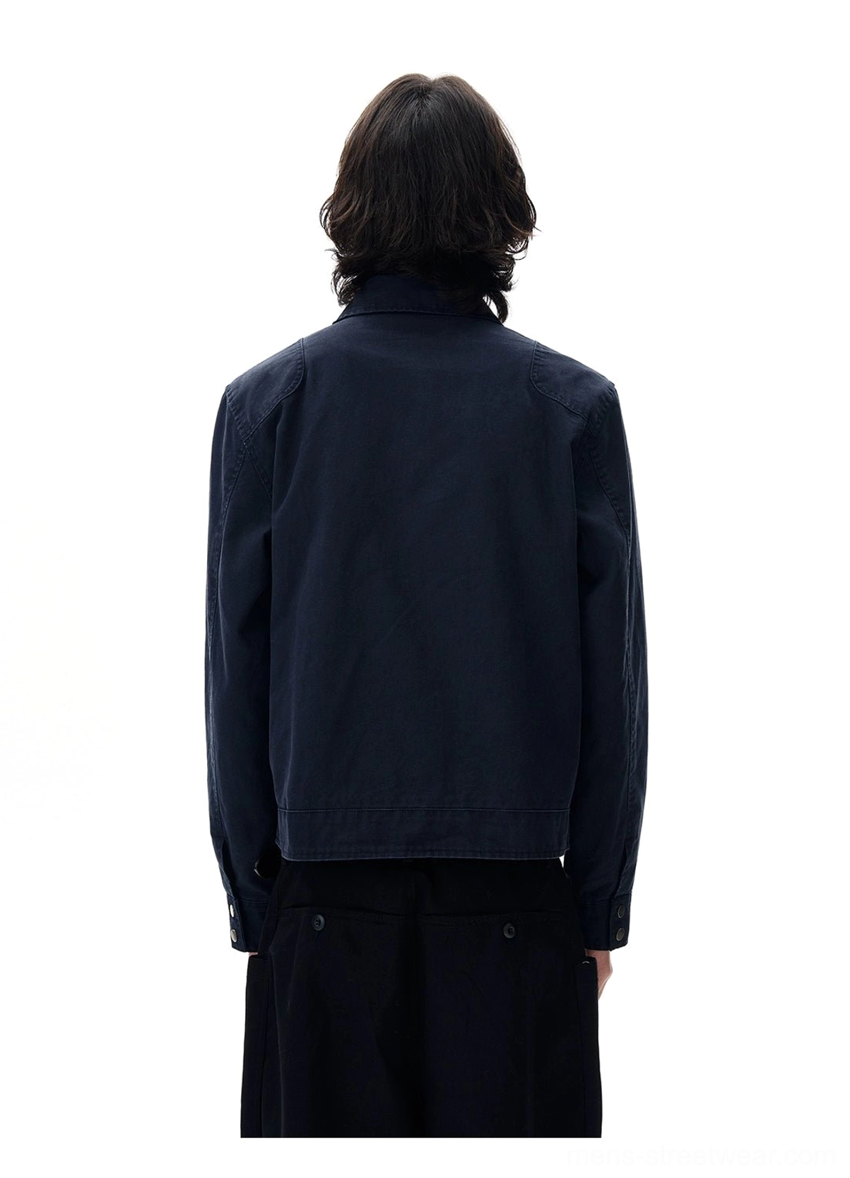 Navy blue cotton cropped utility jacket rear view showing minimal clean back panel and tailored hem