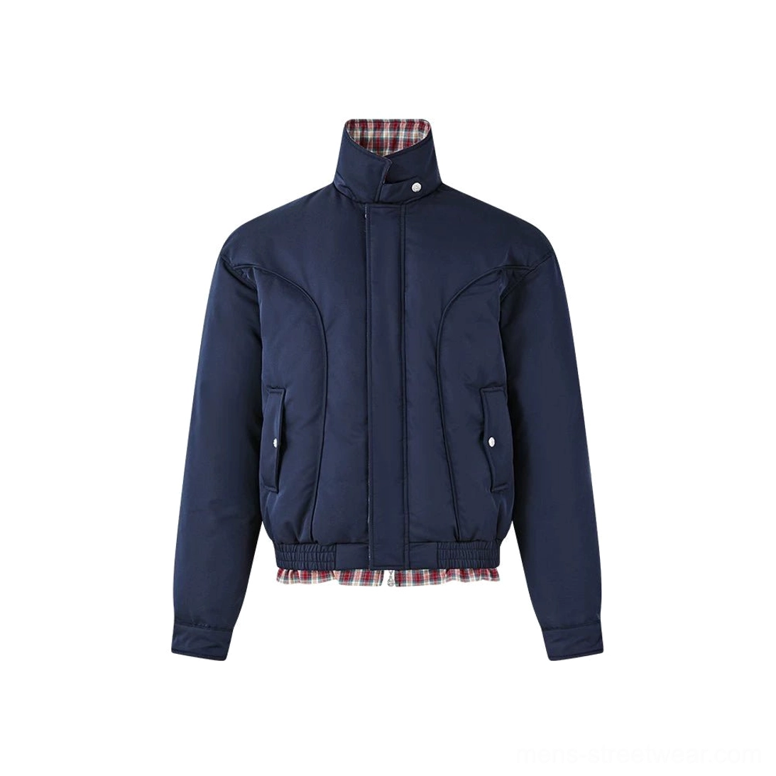 Navy blue cotton version plaid-lined cropped Harrington jacket product view with detachable collar and cuff details