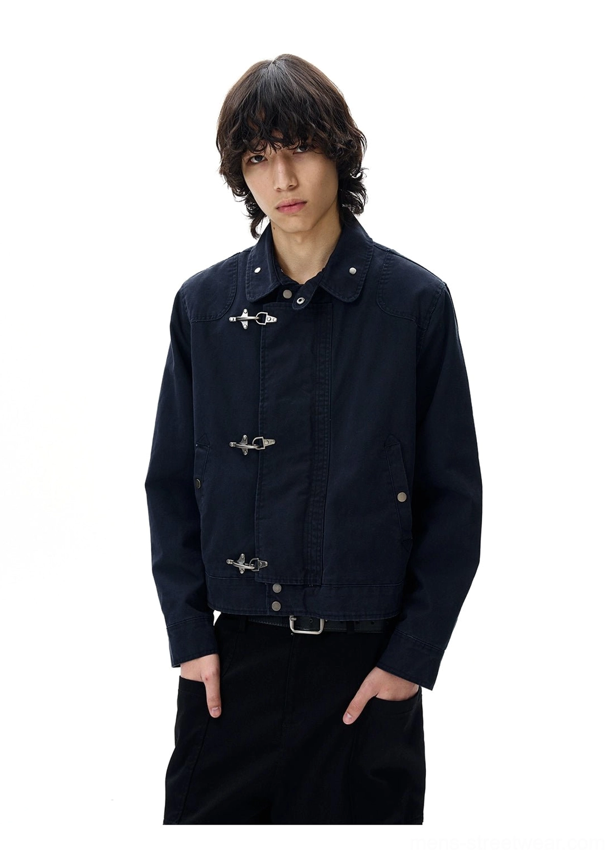 Navy blue cropped utility jacket with aligned metal toggles buckle belt and structured collar front detail