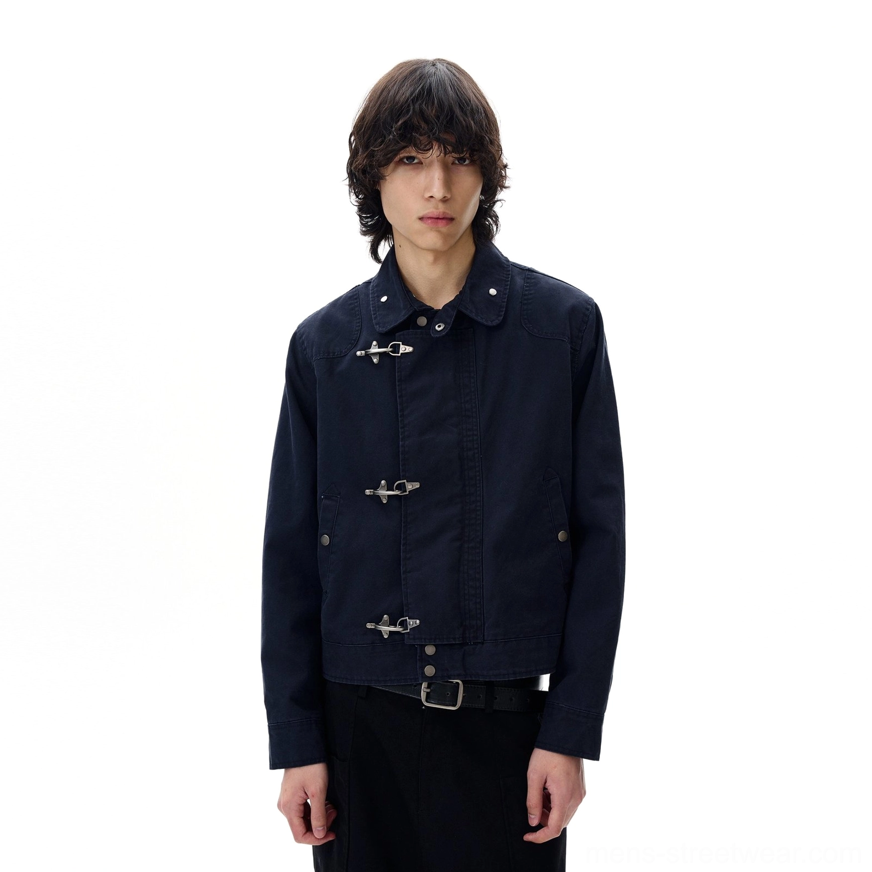 Navy blue cropped utility work jacket with metal toggle fasteners waist belt and subtle pocket stitching