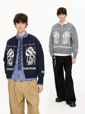 Navy blue button cardigan and grey crewneck pixel animal jacquard sweaters styled on male models in relaxed Korean streetwear outfits