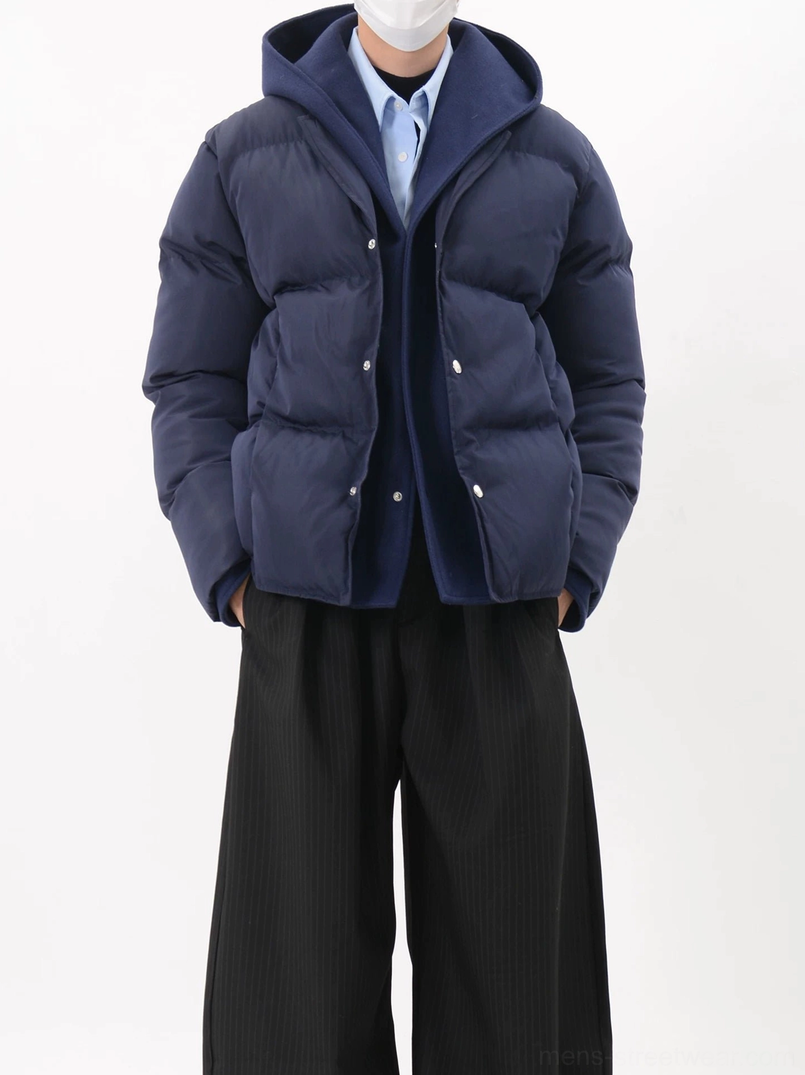 Navy blue hooded snap-button puffer jacket with side pockets relaxed cropped fit and Korean streetwear styling