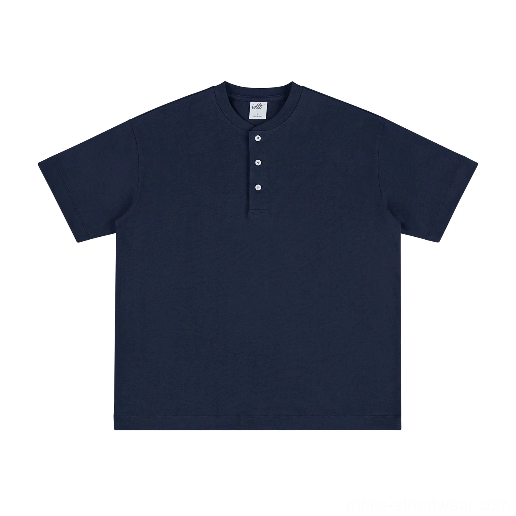 Navy blue relaxed Henley T-shirt product image with short sleeves and minimalist everyday streetwear design