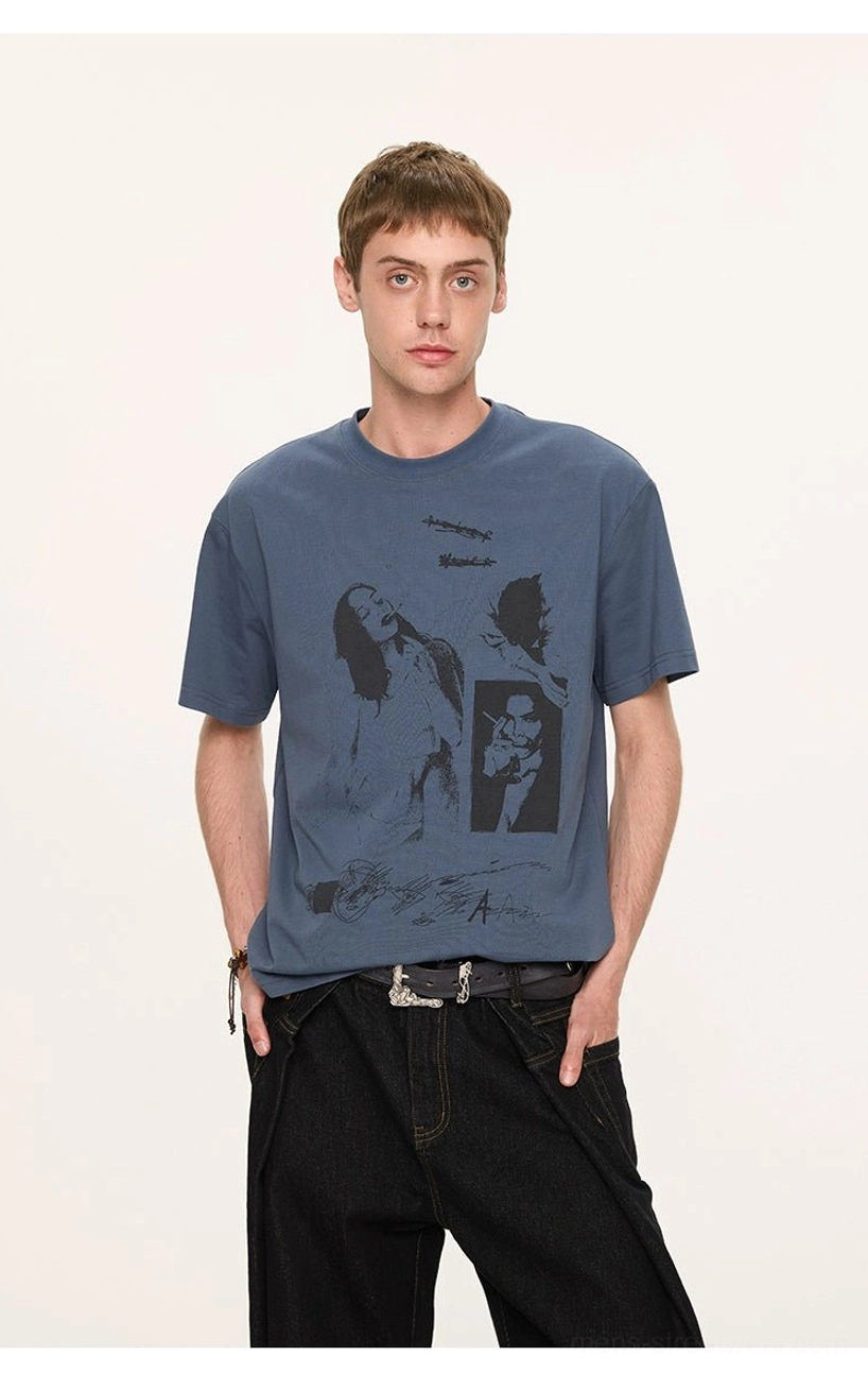 Navy blue retro portrait graphic T-shirt with handwritten artwork styled in a modern Seoul streetwear outfit