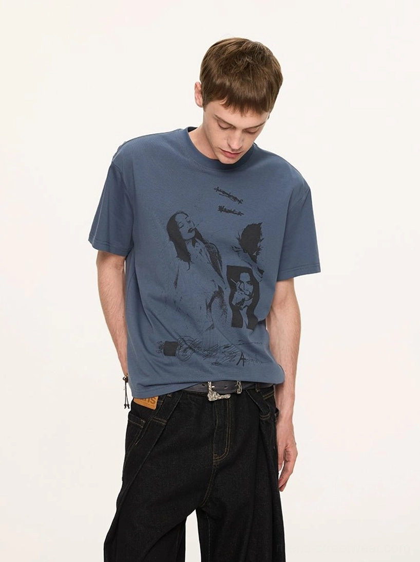 Navy blue UPF 50+ graphic print crewneck T-shirt with retro portrait artwork and handwritten streetwear details