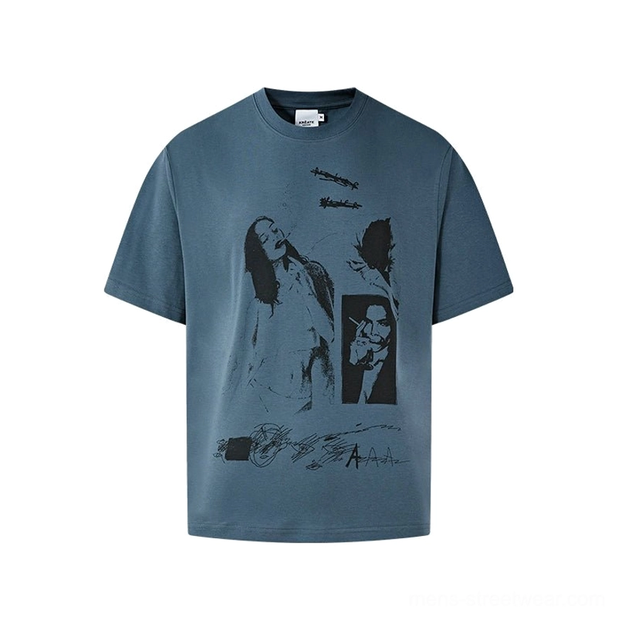 Navy blue UPF 50+ retro graphic T-shirt featuring portrait collage artwork and relaxed East Asian streetwear styling