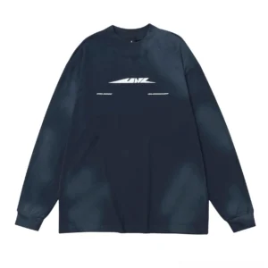 Navy blue tie-dye washed oversized crewneck sweatshirt flat lay showing white tech logo graphic and drop shoulder streetwear fit
