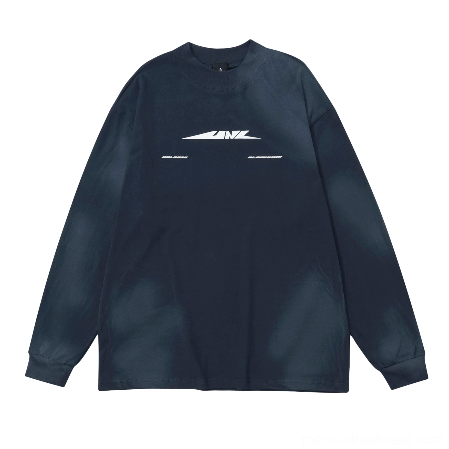 Navy blue tie-dye washed oversized crewneck sweatshirt flat lay showing white tech logo graphic and drop shoulder streetwear fit