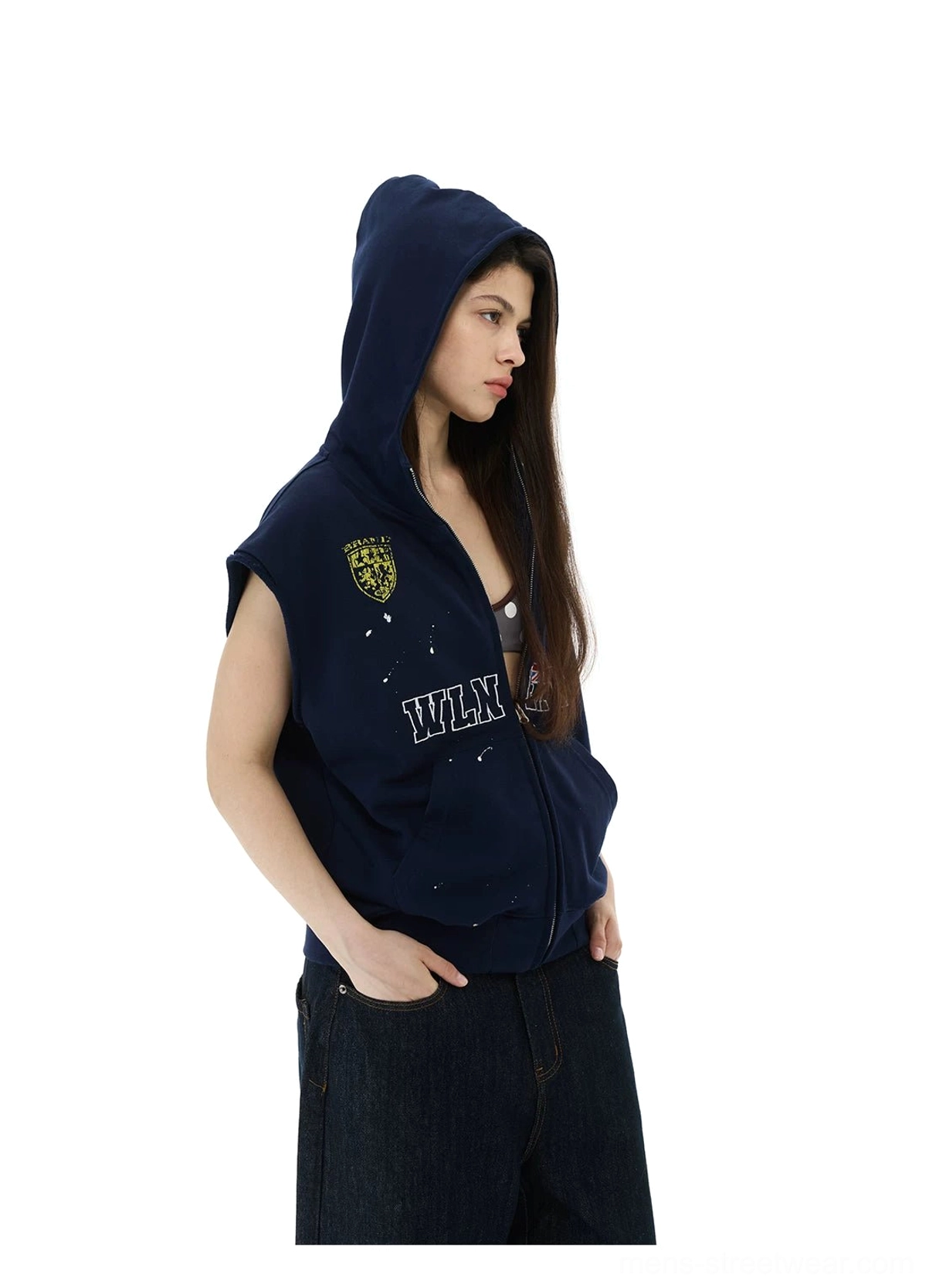 Navy collegiate crest sleeveless zip hoodie vest close detail view of cotton fleece fabric zipper and graphic accents