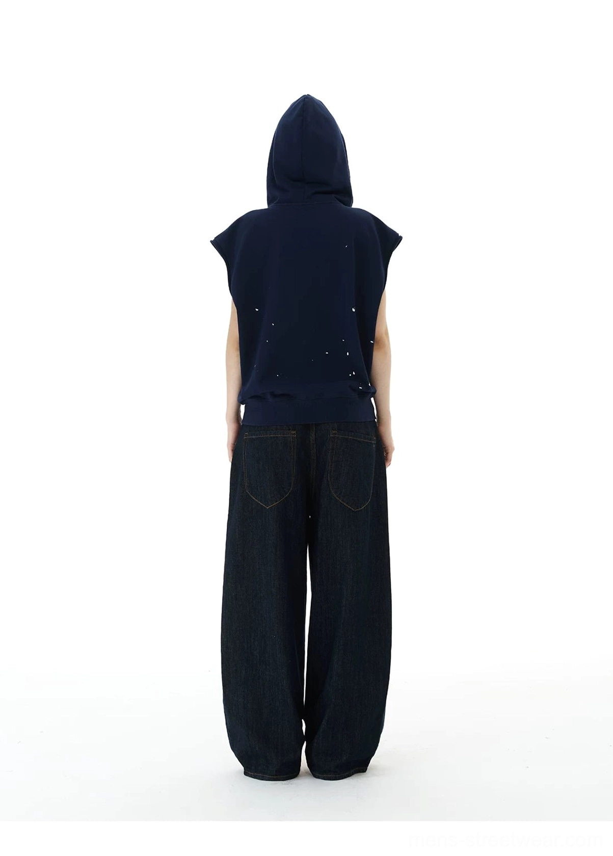 Navy collegiate crest sleeveless zip hoodie vest detailed product view with vintage splatter graphic streetwear styling
