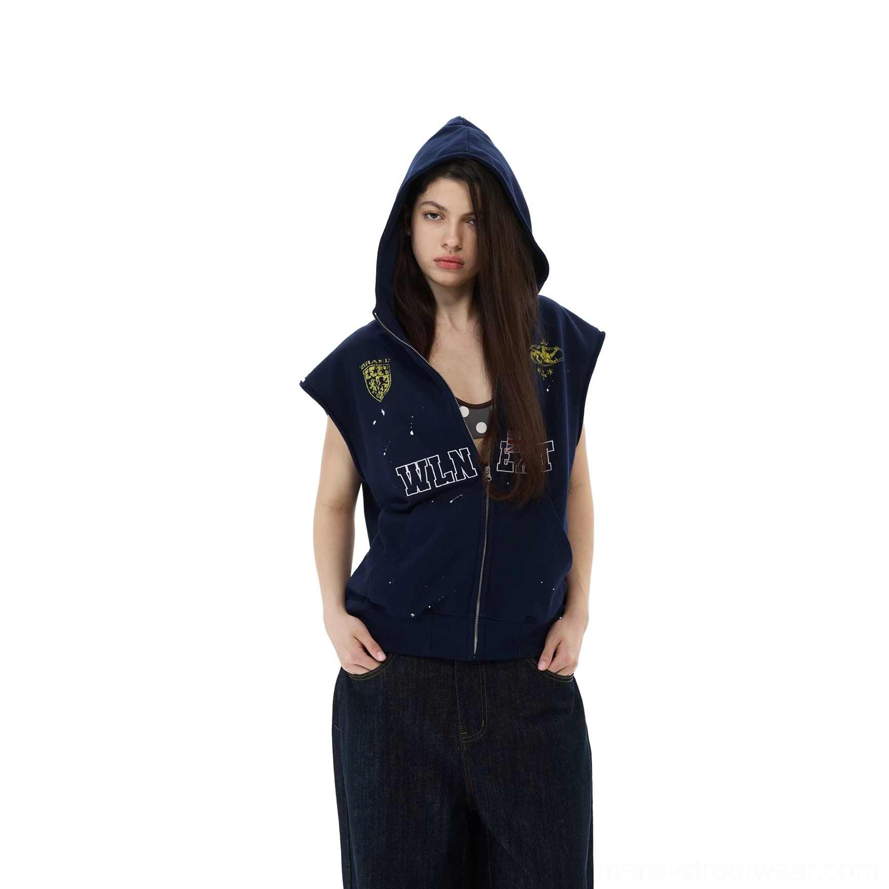 Navy collegiate crest sleeveless zip hoodie vest product view showing relaxed boxy fit and front graphic details