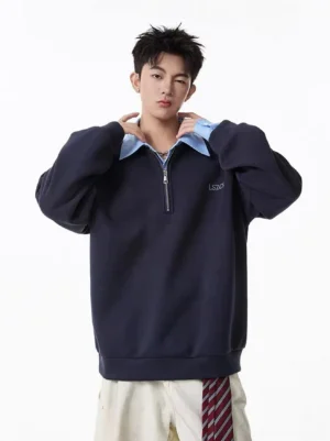 Navy contrast collar quarter-zip sweatshirt styled with white trousers and striped tie in Korean streetwear fashion