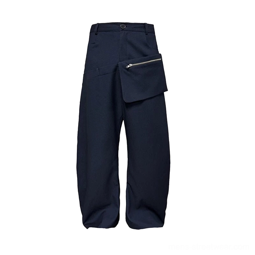 Navy detachable zipper pouch wide-leg trousers in blue black with oversized Seoul streetwear silhouette