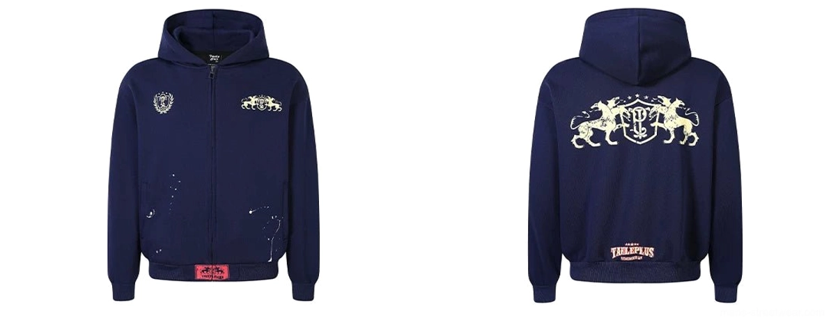 Navy heraldic horse crest zip-up hoodie flat lay showing front chest emblems and large back graphic