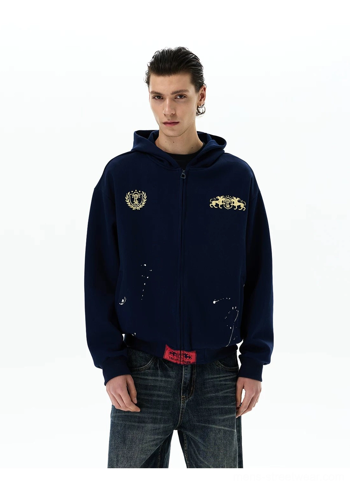 Navy heraldic horse crest oversized zip-up hoodie full body front view with gold graphic details