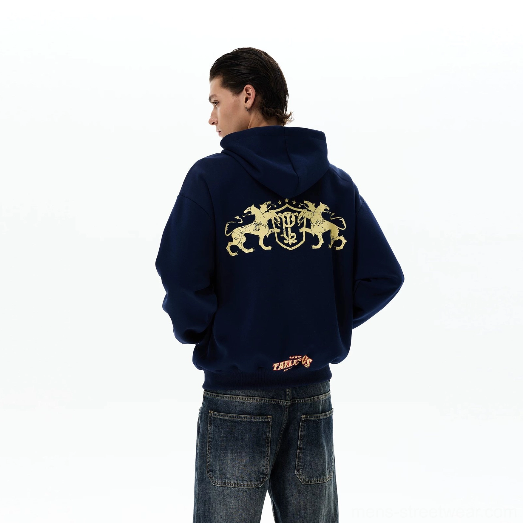 Navy heraldic horse crest oversized zip-up hoodie with gold collegiate graphics