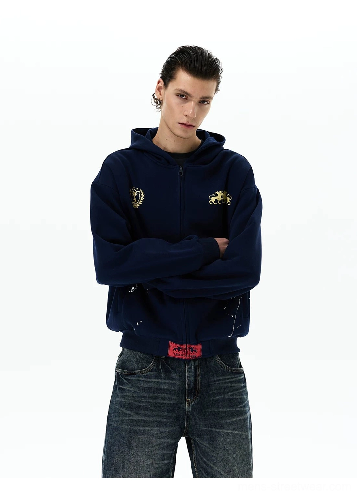 Navy heraldic horse crest oversized zip-up hoodie graphic and fabric detail