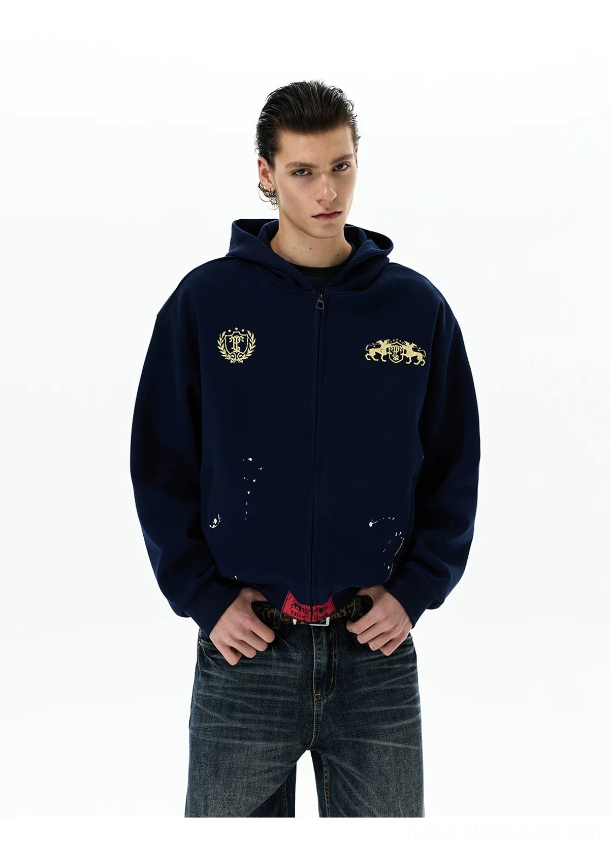 Navy heraldic horse crest oversized zip-up hoodie streetwear detail view