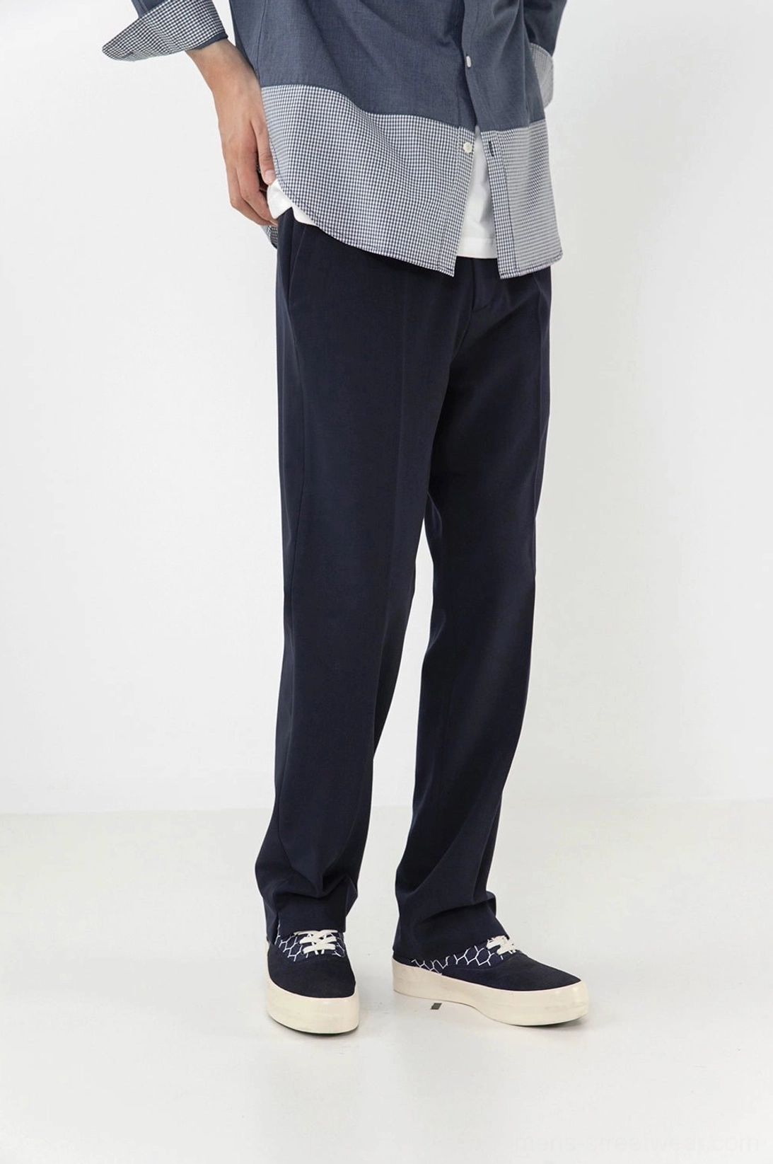 Navy split hem straight pants tailored fit urban minimal styling