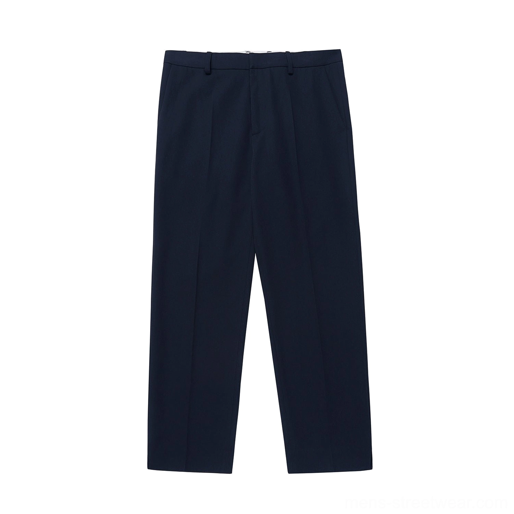 Navy split hem straight pants neutral color contemporary styling