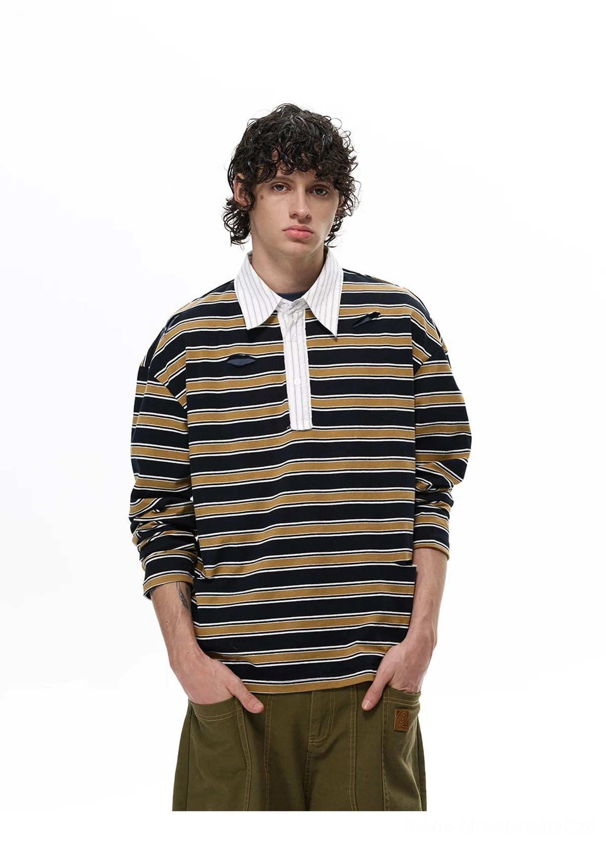 Navy and yellow horizontal striped rugby polo shirt with contrast white collar and oversized drop-shoulder streetwear fit