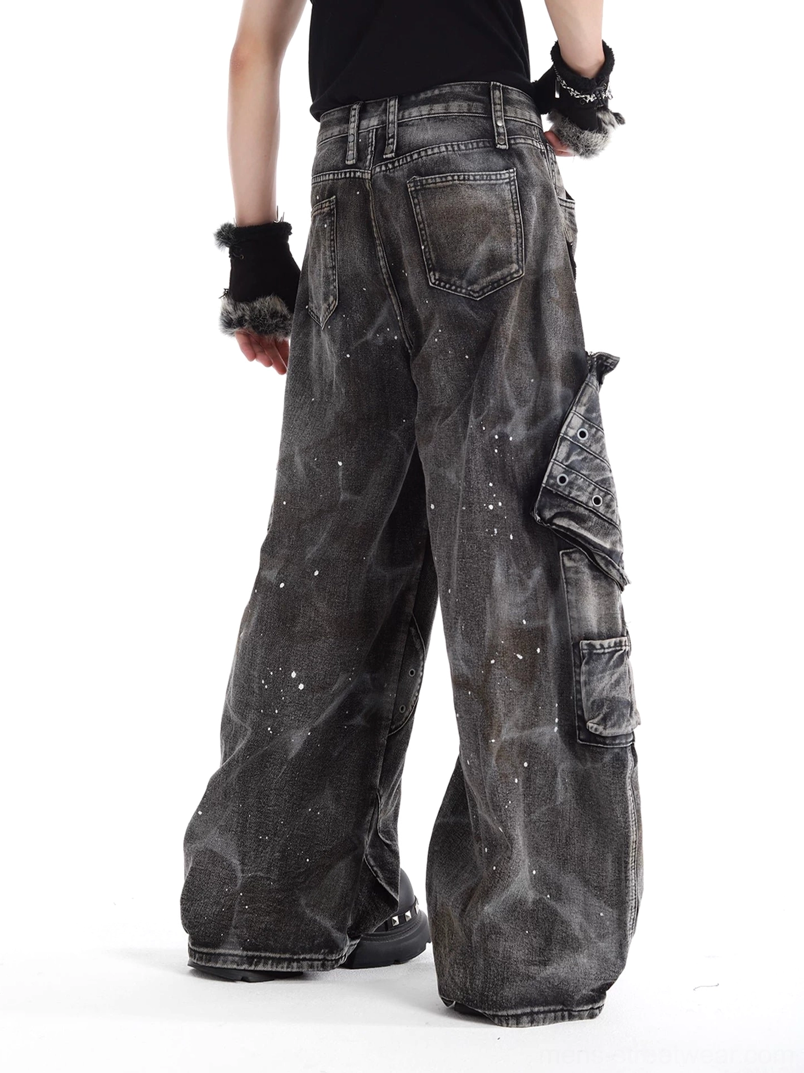 Rear view of gray distressed wide-leg cargo jeans with classic back pockets, side utility pockets, and acid washed finish
