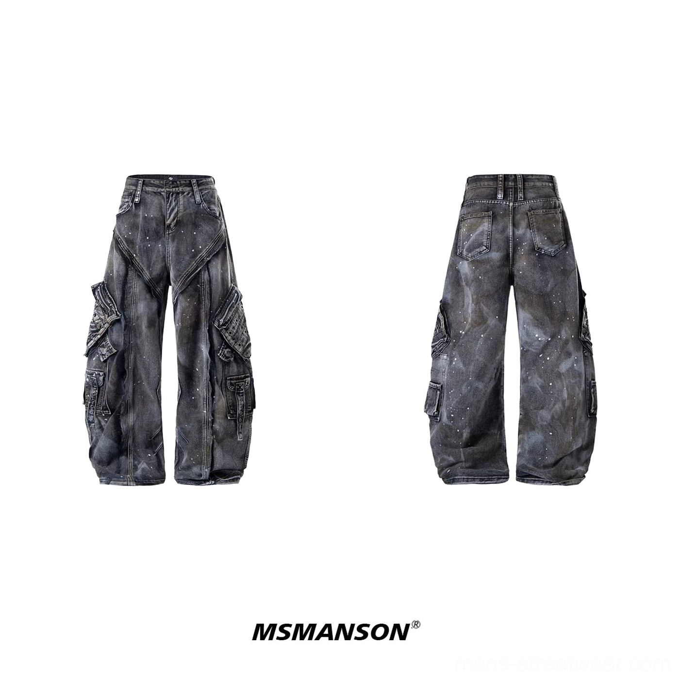 Gray distressed wide-leg cargo denim jeans product display showing acid wash splatter pattern and multi-pocket construction