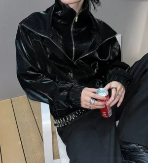 Black Nebula Gloss High Collar Cyberpunk Zip Jacket side close-up showing shiny fabric double stand collar and ribbed cuff