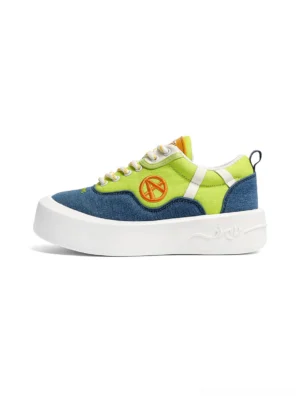 Neon green blue and white colorblock canvas platform sneaker with circular side logo and chunky wavy white sole